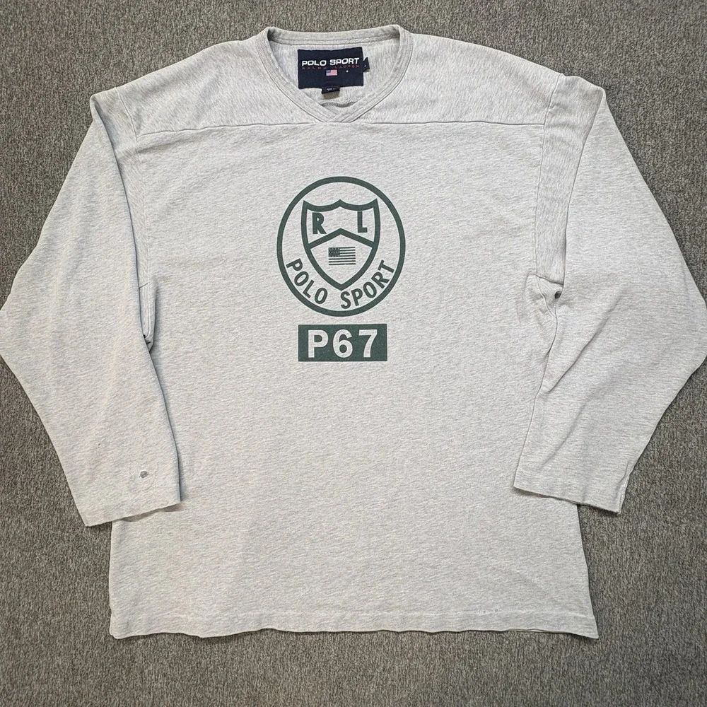 Vintage 90s Polo Sport Ralph Lauren P67 Crest Rugby Sweatshirt Men's L Grey Y2K